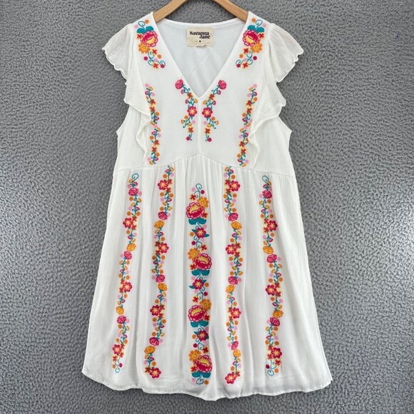 Savanna Jane Dress Womens Medium White Multi Embroidered Floral Shift Gauzy Mini - Picture 10 of 11